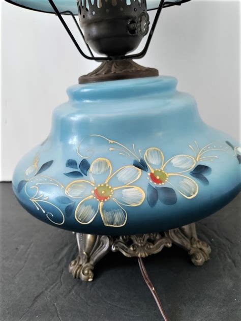 White & Dark <b>Blue</b> Hand-Painted <b>Floral</b> <b>Hurricane</b> <b>Lamp</b> - Great Condition. . Blue floral hurricane lamp
